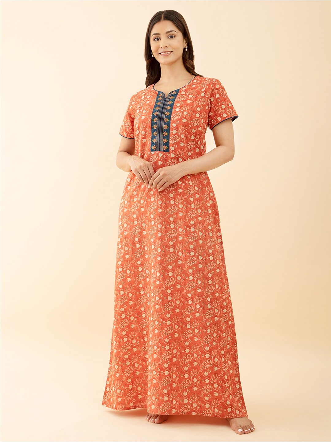

Maybell Floral Printed Pure Cotton Maxi Nightdress, Peach