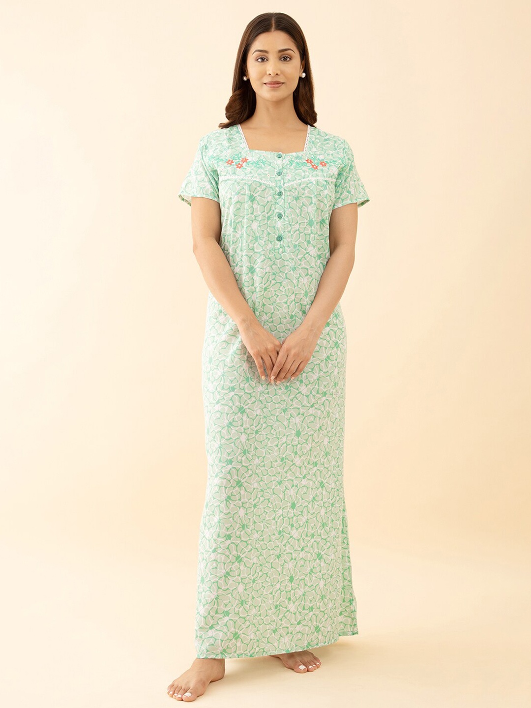 

Maybell Floral Printed Pure Cotton Maxi Nightdress, Green