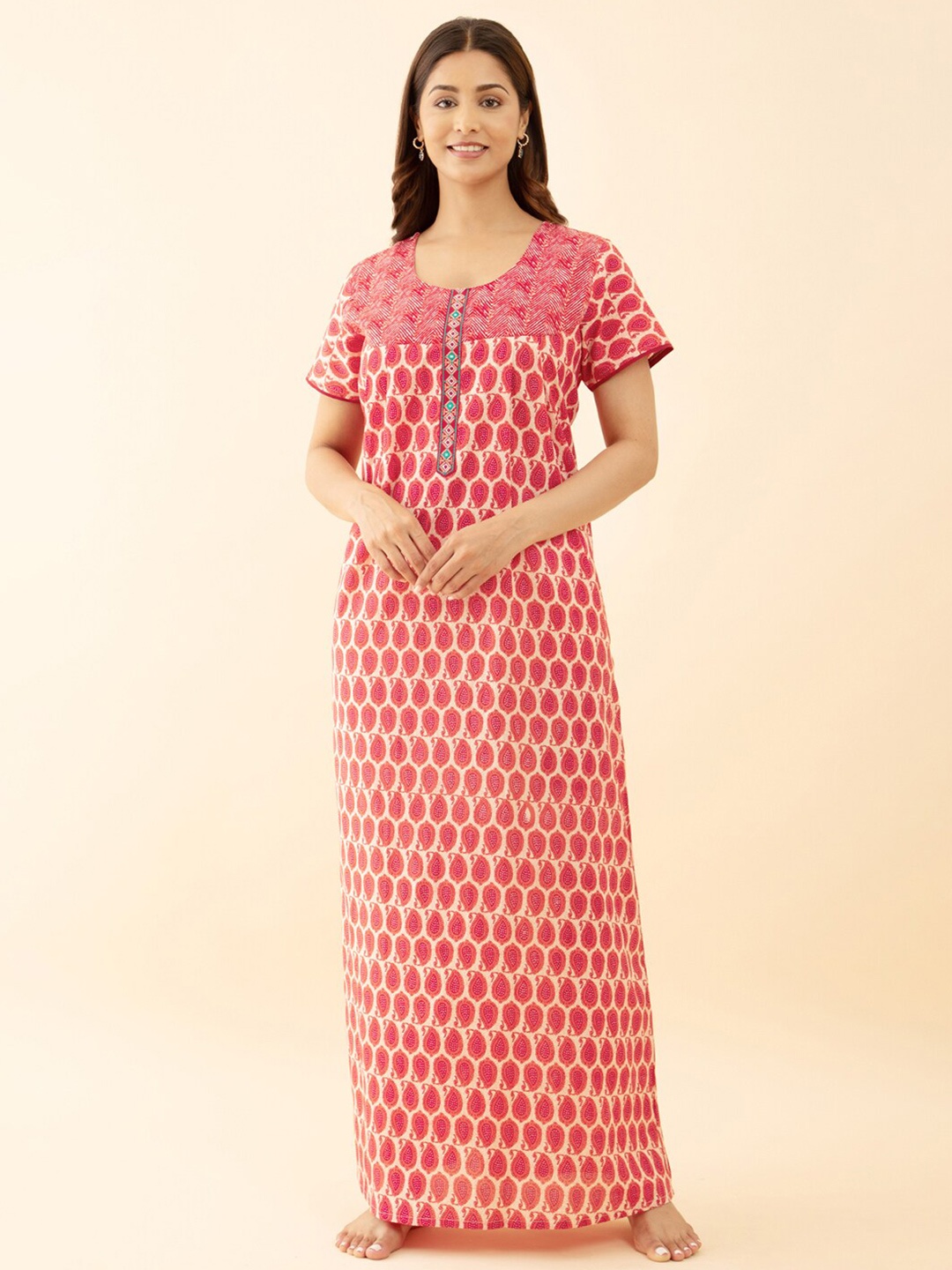 

Maybell Ethnic Motifs Printed Pure Cotton Maxi Nightdress, Red