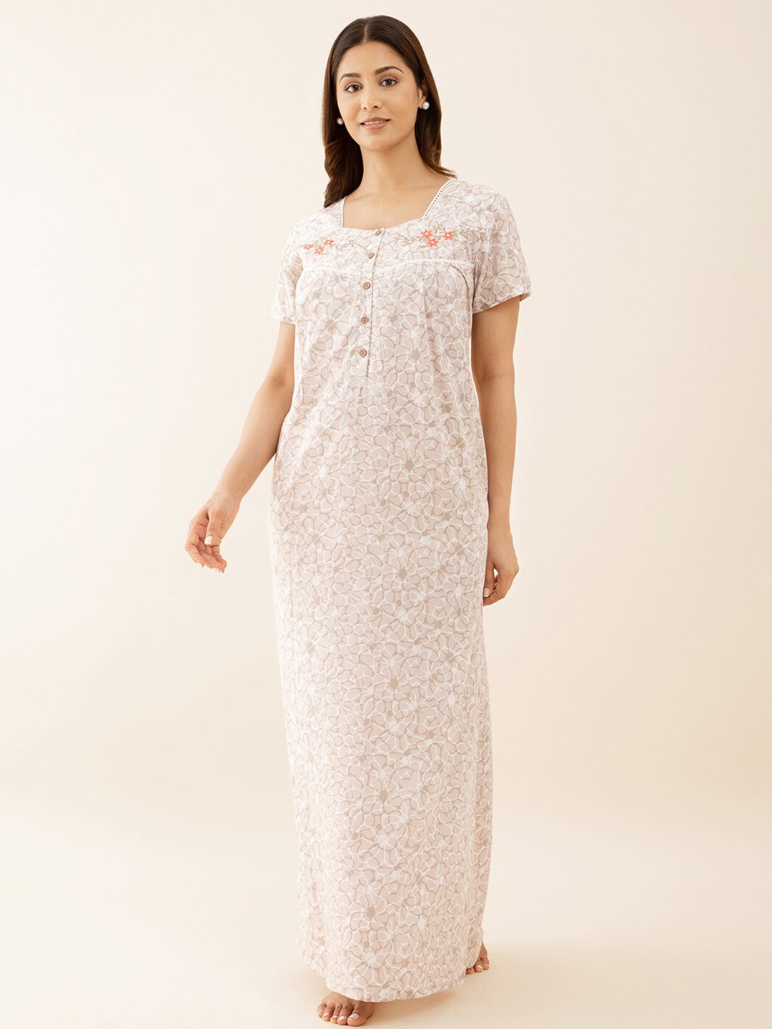 

Maybell Floral Printed Pure Cotton Maxi Nightdress, Beige