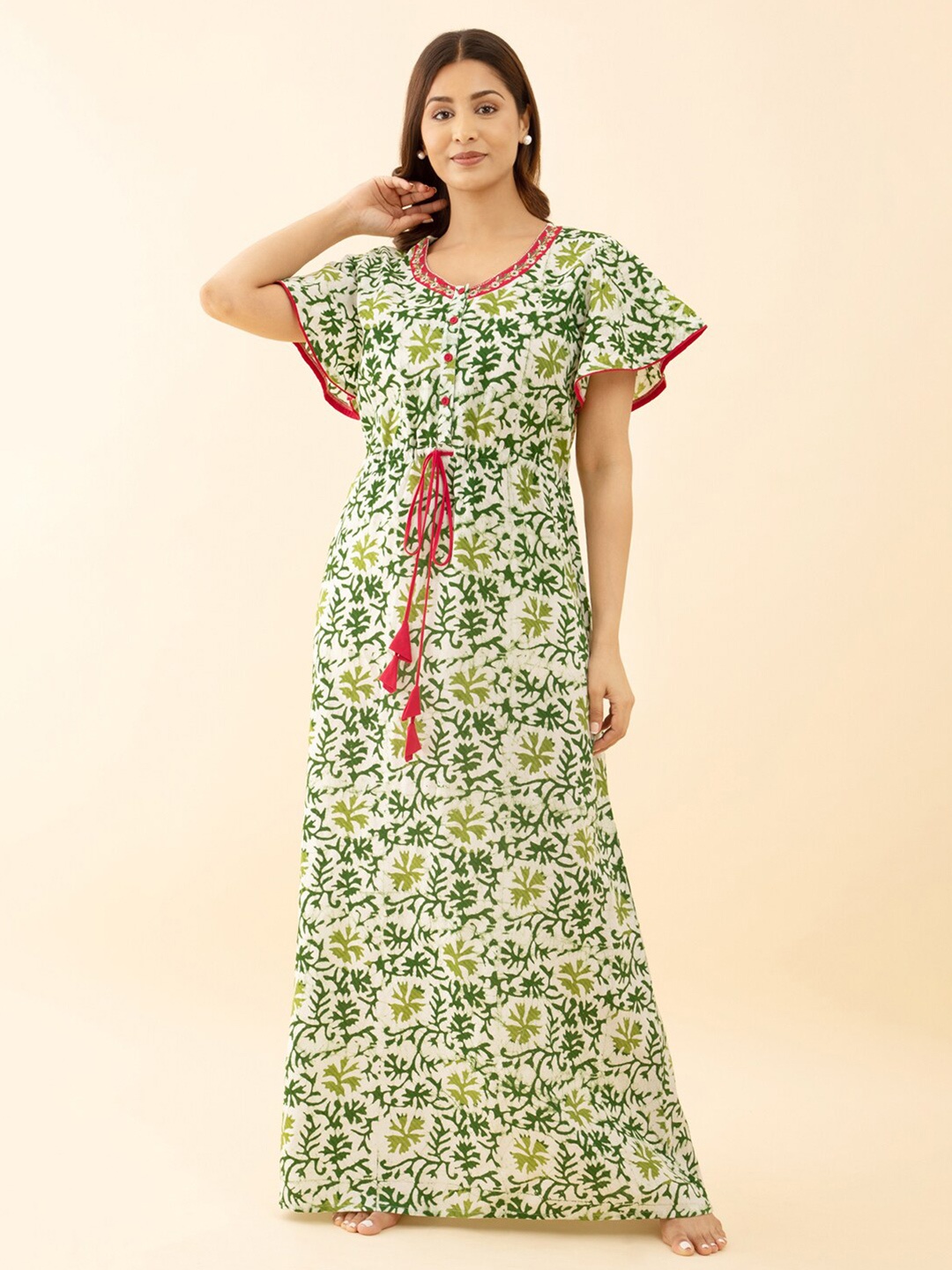 

Maybell Floral Printed Pure Cotton Maxi Nightdress, Green