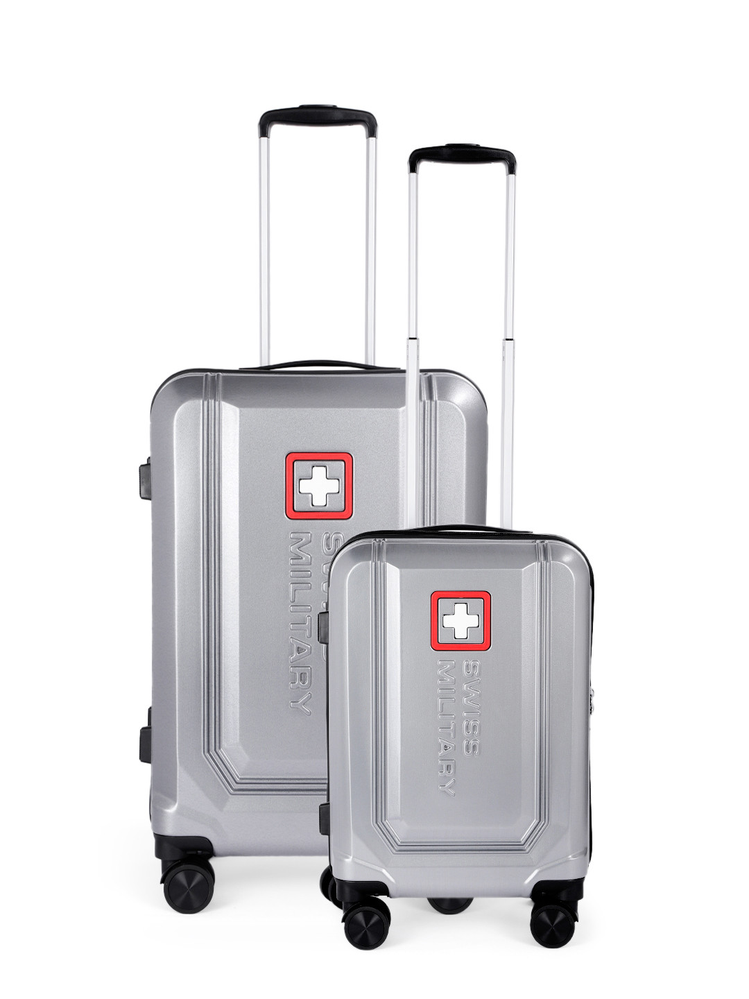 

SWISS MILITARY Set of 2 Sapphire Brand Logo Embossed Trolley Suitcases - Medium & Cabin, Silver