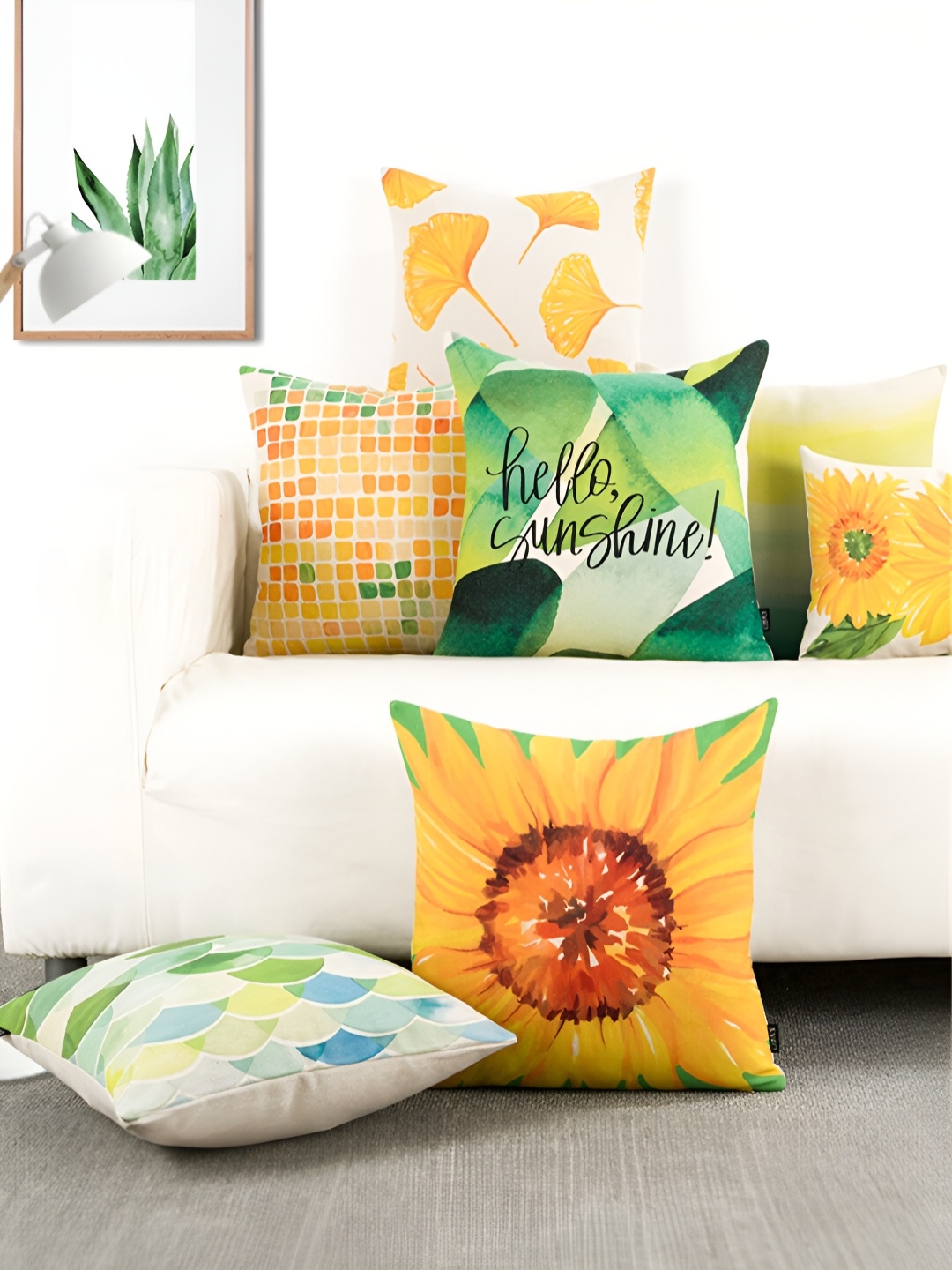 

AEROHAVEN Yellow & White 5 Pieces Abstract Square Cushion Covers