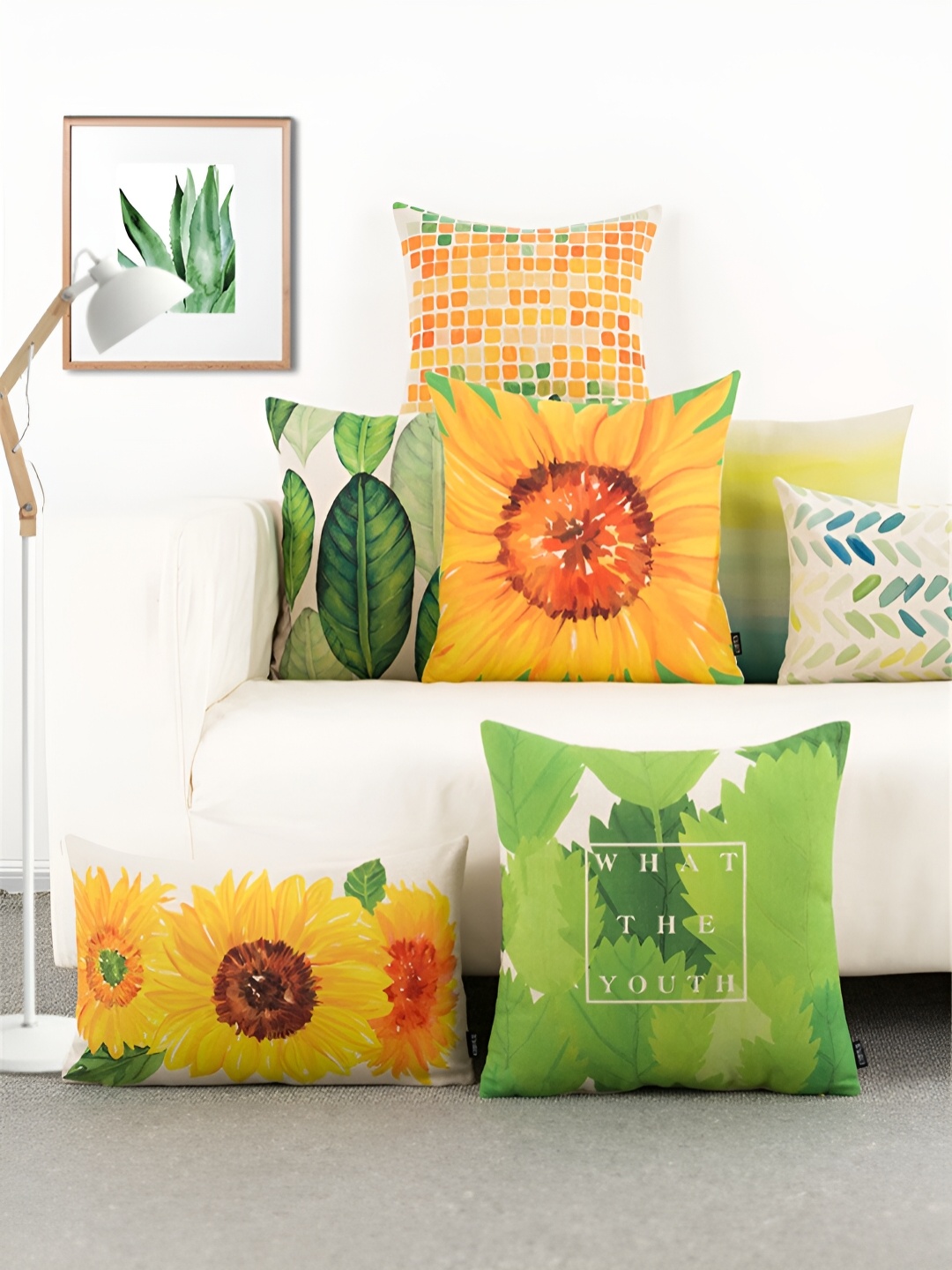 

AEROHAVEN Yellow & Green 5 Pieces Abstract Square Cushion Covers