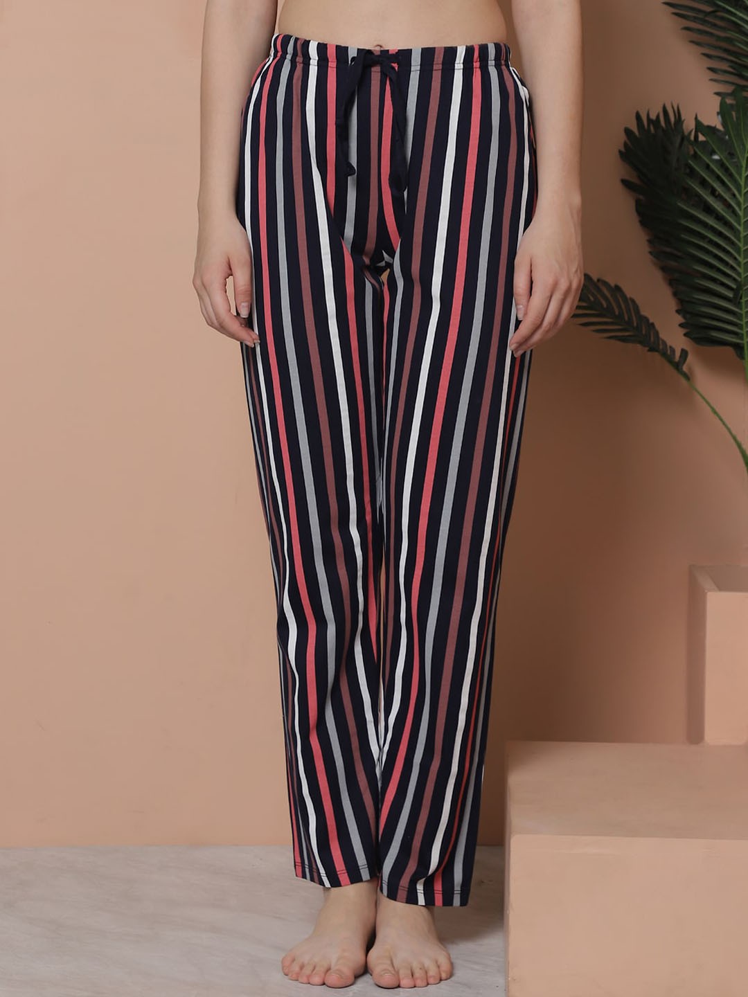 

Kanvin Women Striped Mid-Rise Pure Cotton Lounge Pants, Navy blue