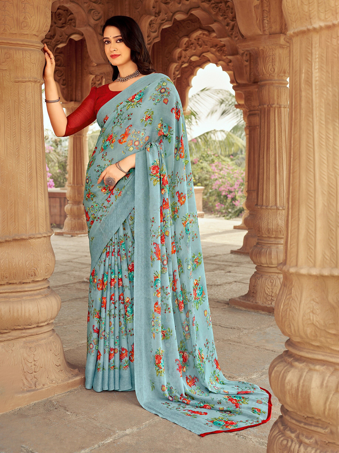 

Reboot Fashions Floral Printed Pure Chiffon Saree, Olive