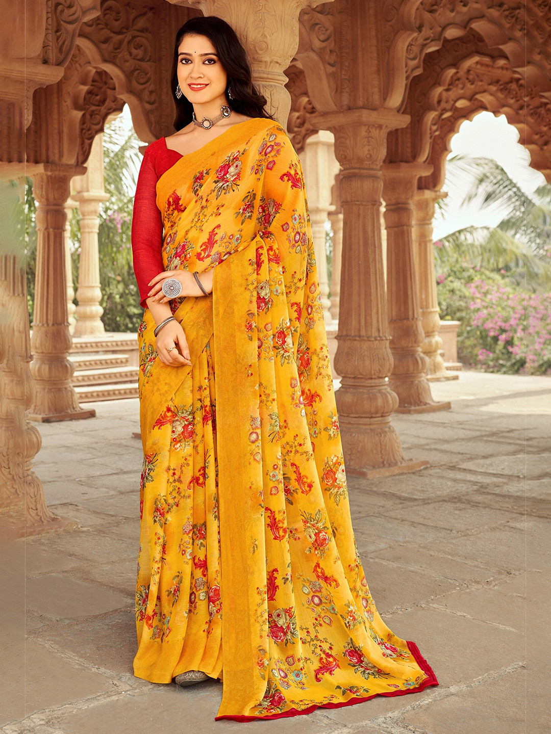 

Reboot Fashions Floral Printed Pure Chiffon Saree, Yellow
