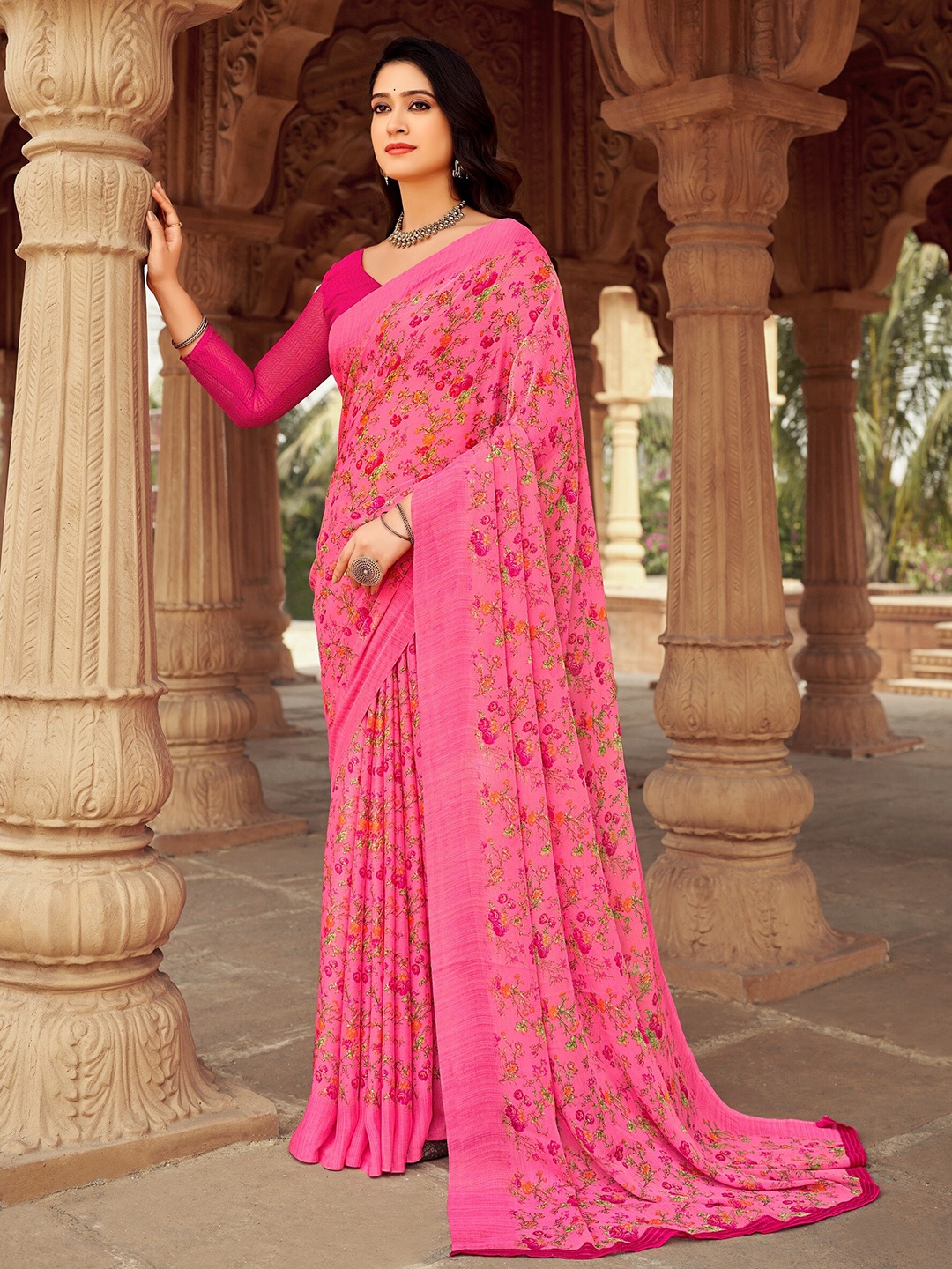 

Reboot Fashions Floral Printed Pure Chiffon Saree, Pink