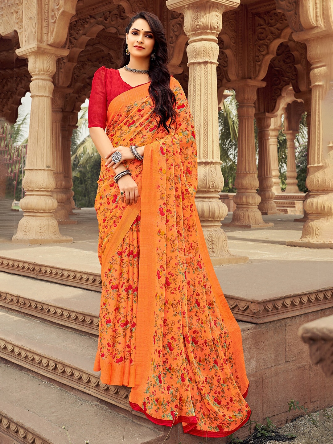 

Reboot Fashions Floral Printed Pure Chiffon Saree, Orange