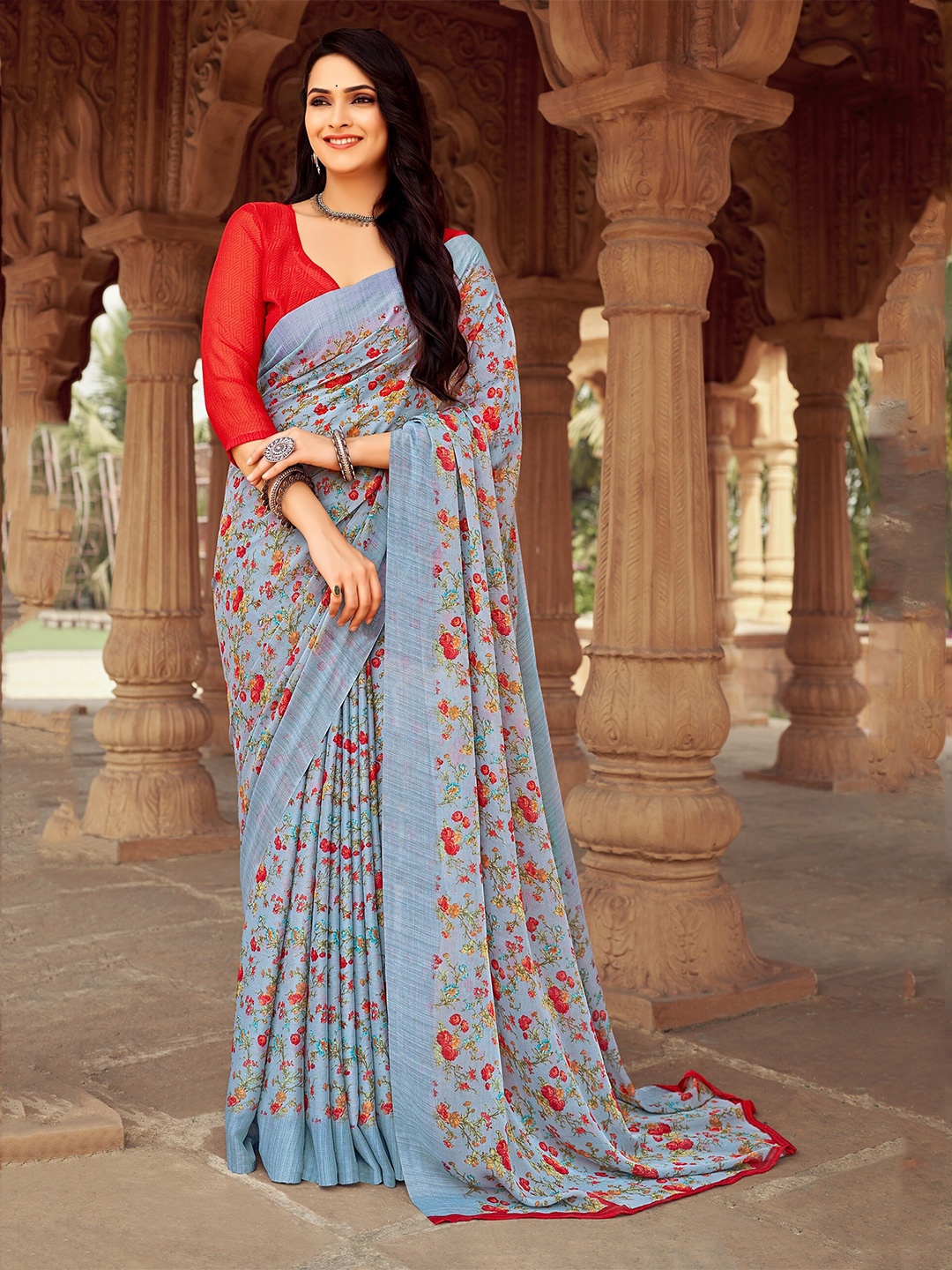 

Reboot Fashions Floral Printed Pure Chiffon Saree, Grey