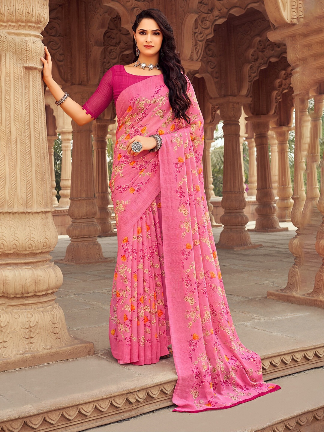 

Reboot Fashions Floral Printed Pure Chiffon Saree, Pink