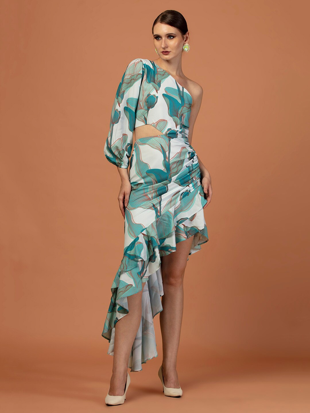 

De Novoo Abstract Print Ruffled One Shoulder Puff Sleeves Crepe A-Line Midi Dress, Sea green