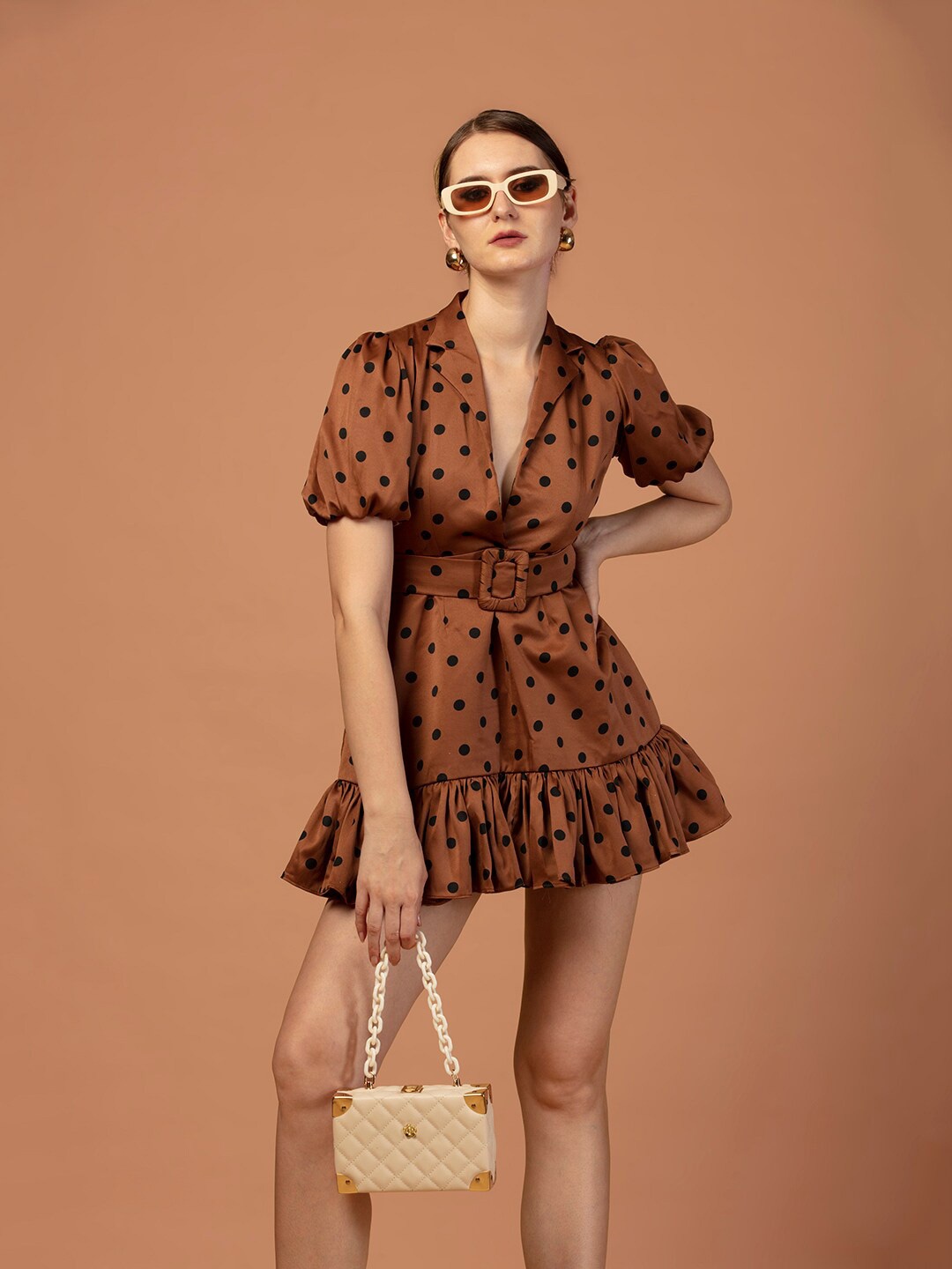 

De Novoo Floral Print -Neck Puff Sleeve Satin A-Line Dress, Brown
