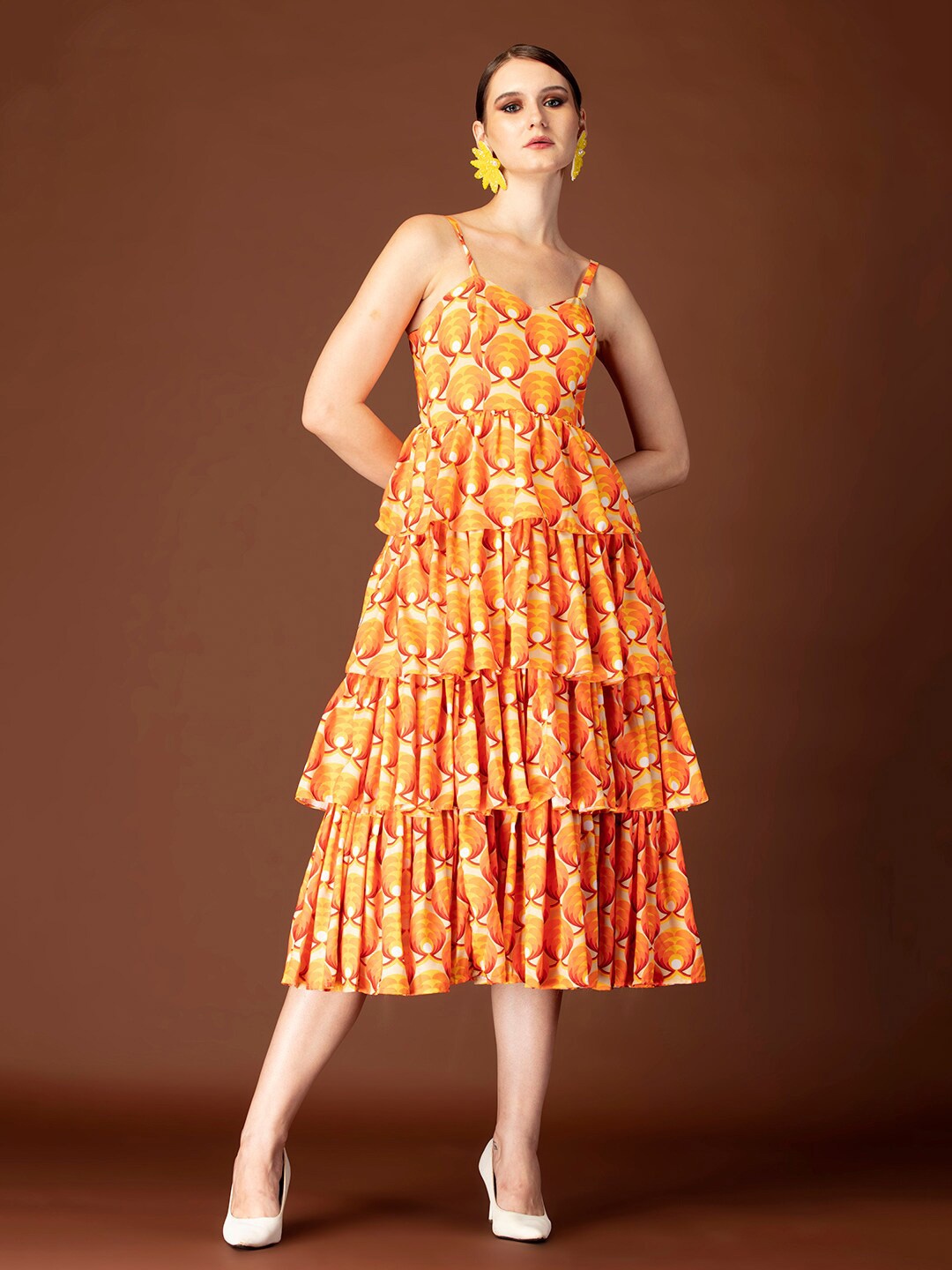 

De Novoo Geometric Printed Ruffled Fit & Flare Shoulder Straps Midi Dress, Orange