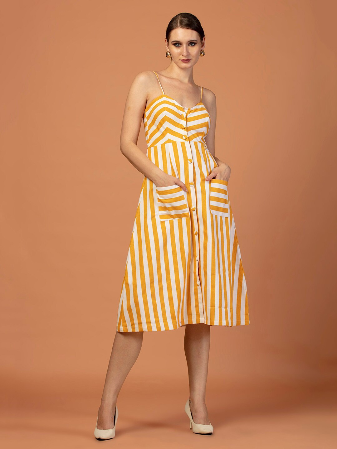 

De Novoo Striped Shoulder Straps A-Line Cotton Midi Dress, Yellow