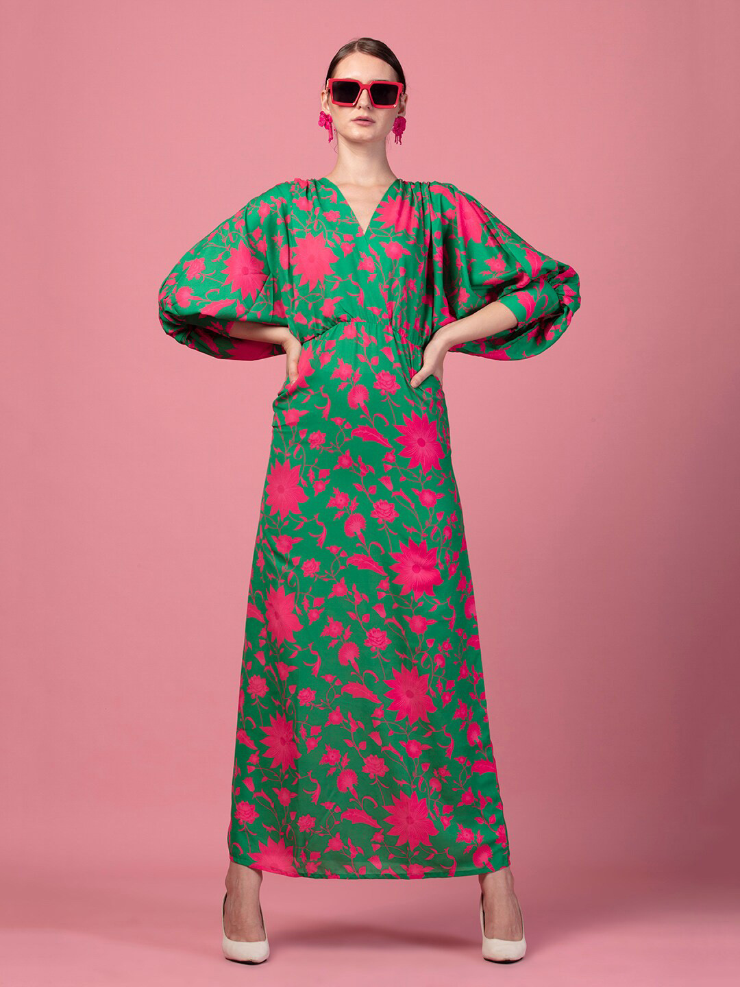 

De Novoo Floral Print V-Neck Kimono Sleeve Crepe Maxi Dress, Green