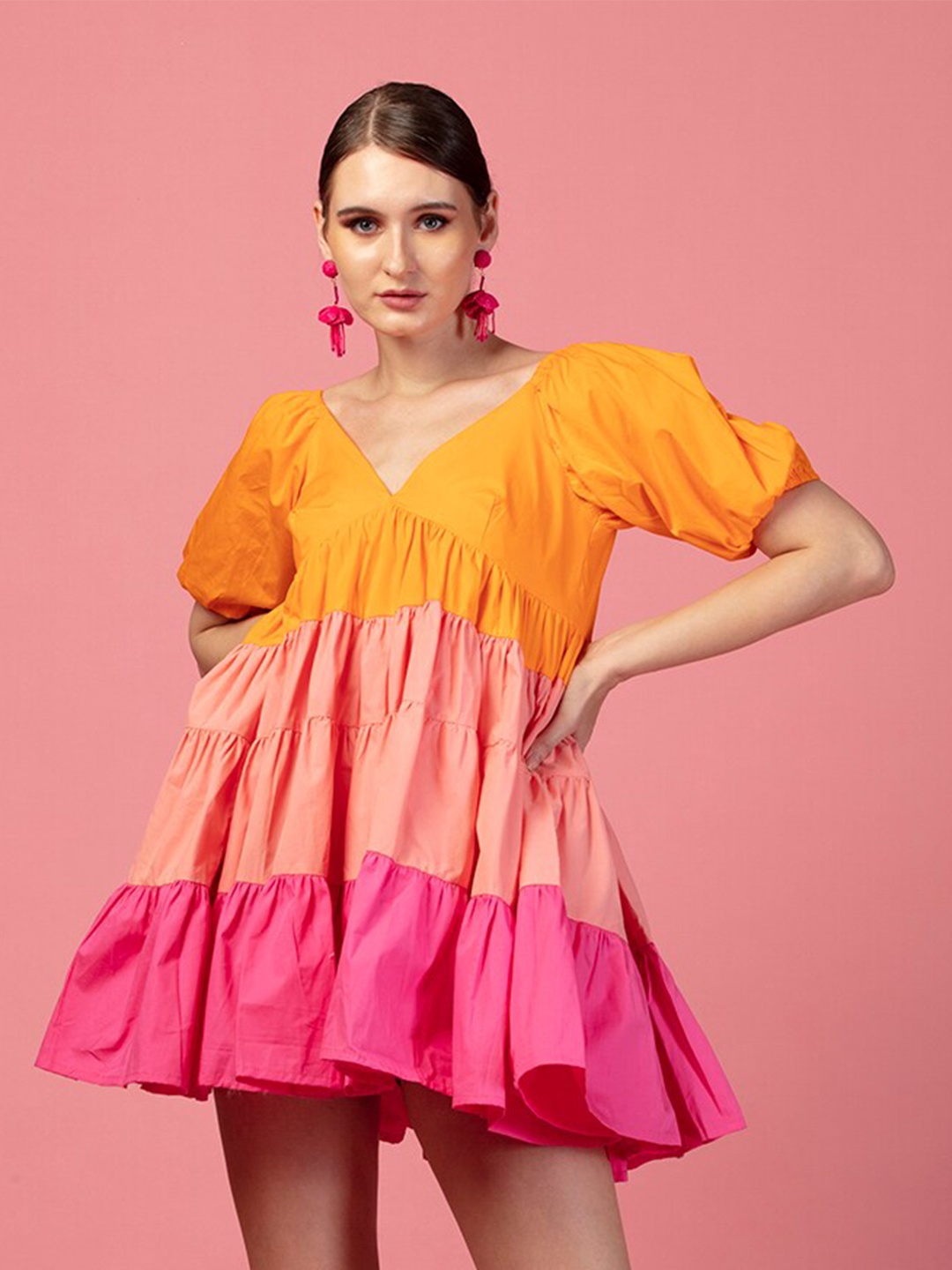 

De Novoo Colourblocked V-Neck Puff Sleeves Pure Cotton A-Line Mini Dress, Pink
