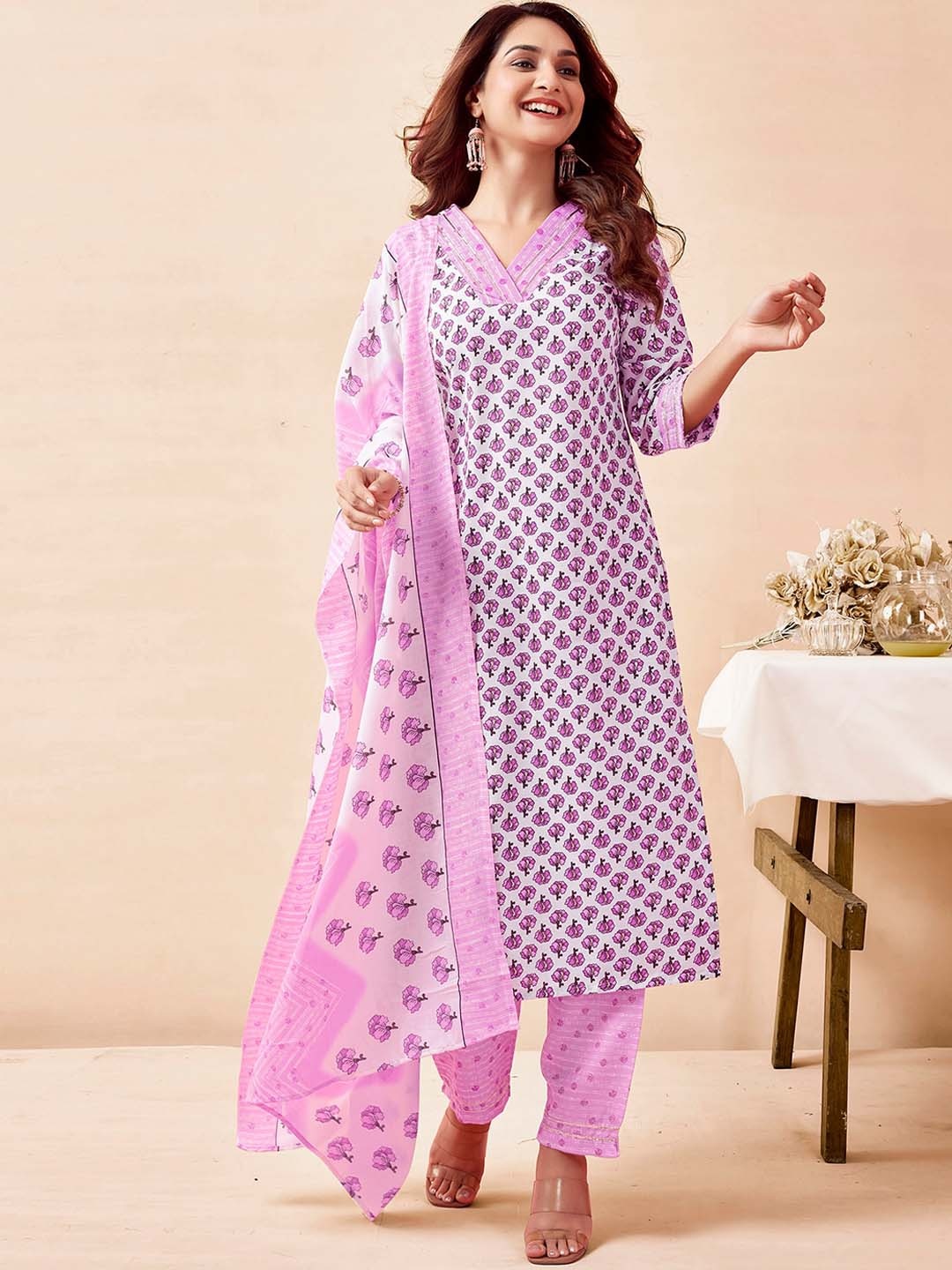 

KALINI Floral Printed V-Neck Three-Quarter Sleeves Kurta with Trousers & With Dupatta, White