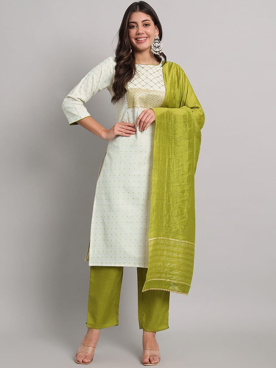 

KALINI Embroidered Regular Straight Kurta With Trousers & Dupatta, Cream