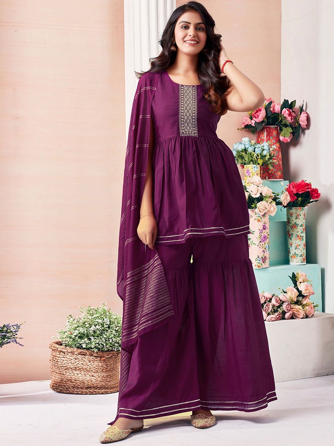 

KALINI Yoke Design Round Neck Sleeveless Sequinned Kurti with Trousers & With Dupatta, Purple