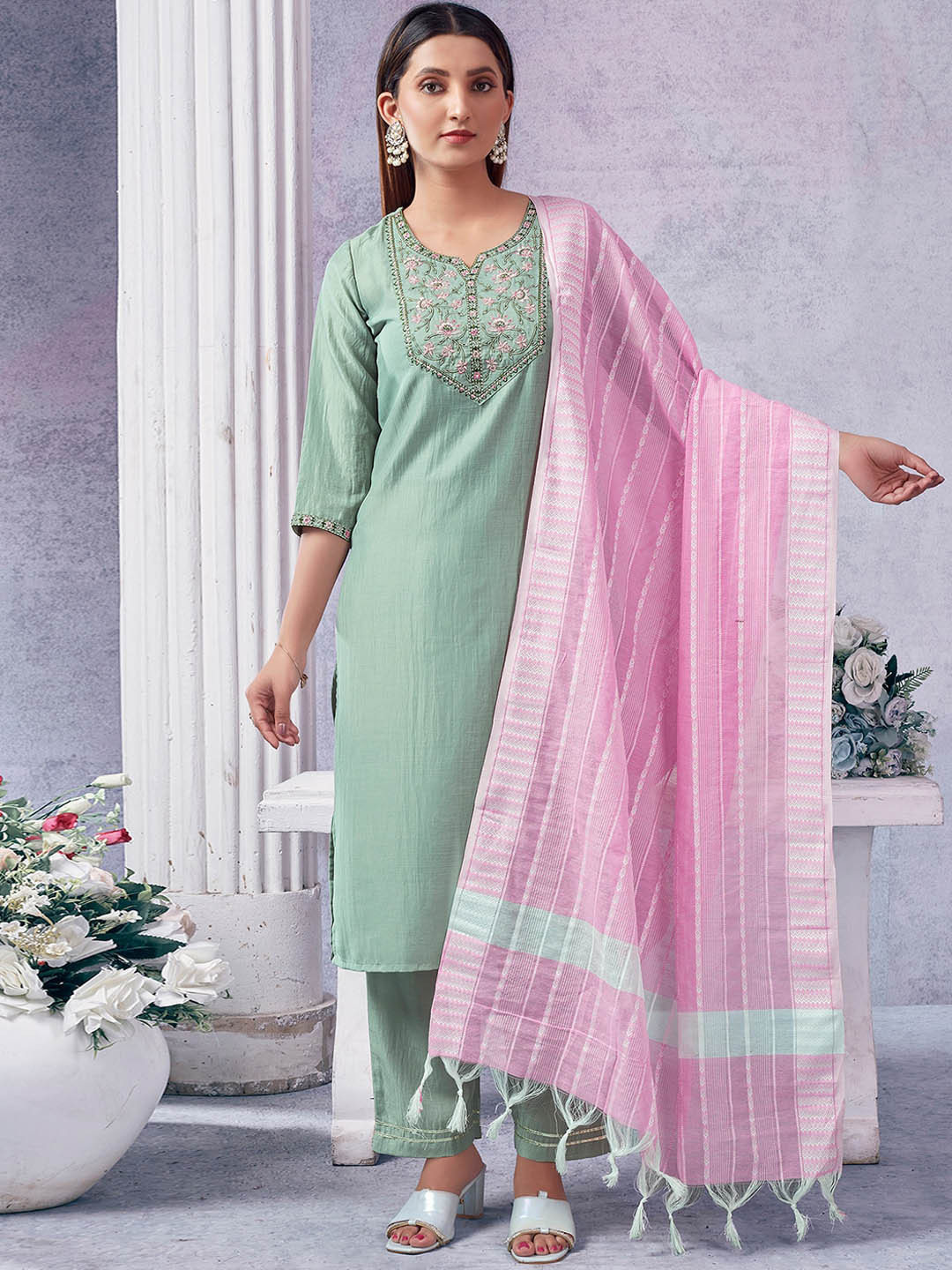 

KALINI Floral Embroidered V-Neck Three-Quarter Sleeves Sequinned Kurta Set, Green