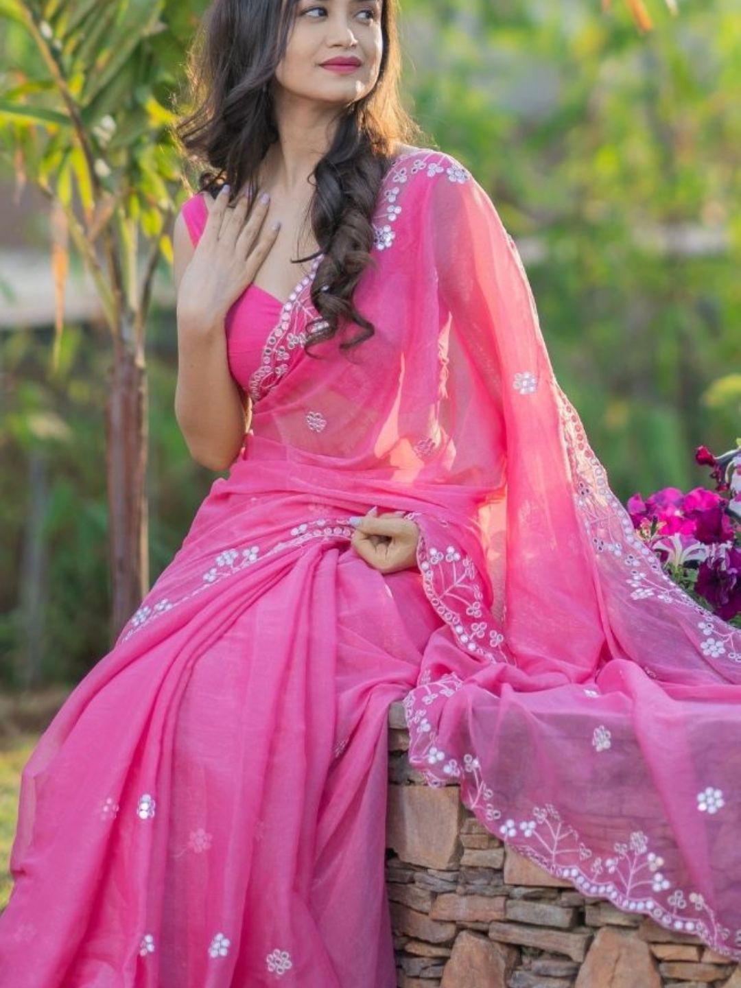 HOUSE OF JAMOTI Floral Printed Mirror Work Embroidered Pure Chiffon Saree, Pink
