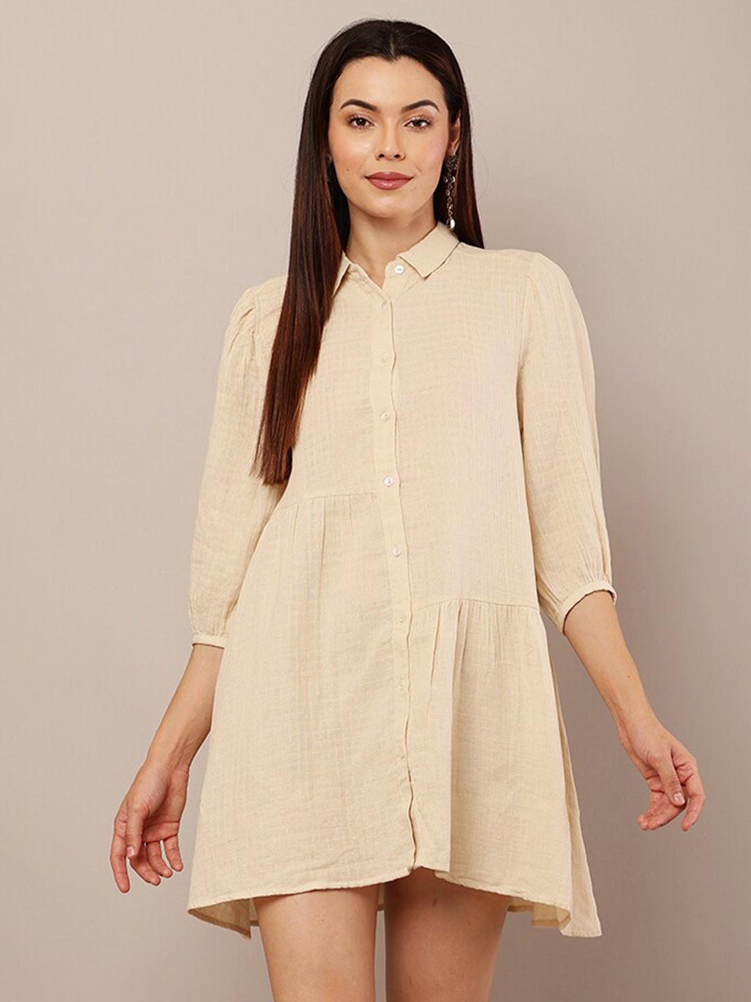 

NoBarr Shirt Collar Cotton Shirt Mini Dress, Beige