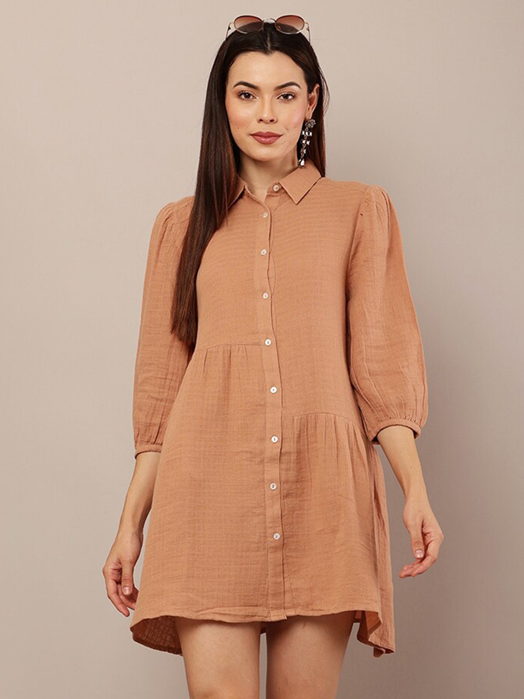 

NoBarr Shirt Collar Cotton Shirt Mini Dress, Brown