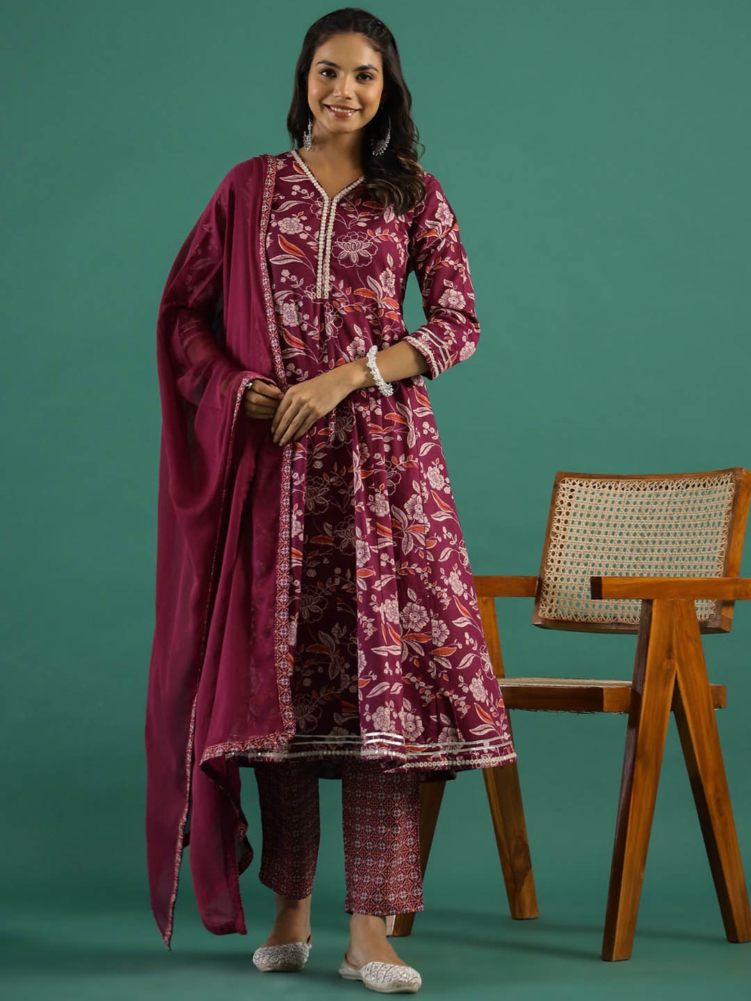 

RangDeep Floral Printed V-Neck Pure Cotton Anarkali Kurta With Trousers & Dupatta, Magenta