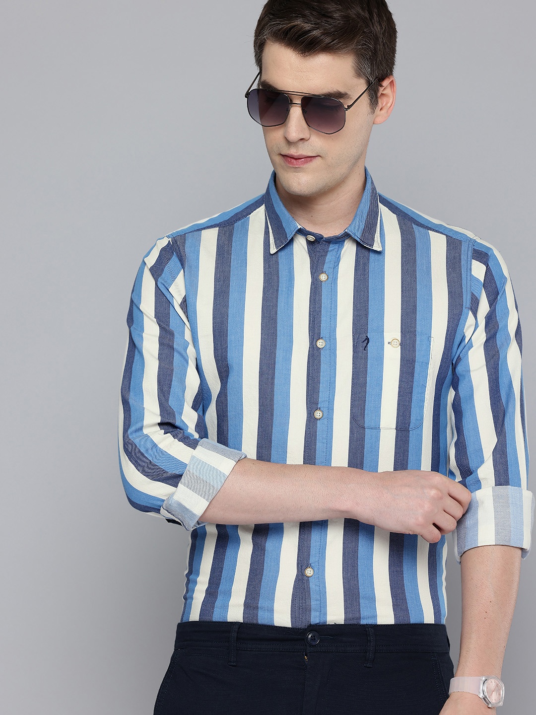 

Indian Terrain Chiseled Skinny Fit Cotton Striped Shirt, Blue