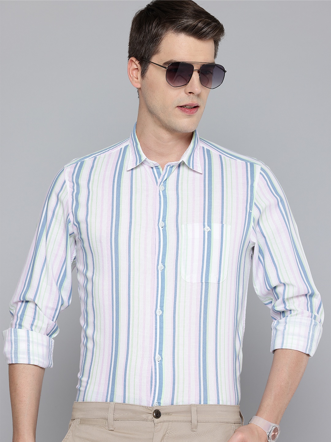 

Indian Terrain Chiseled Skinny Fit Cotton Striped Casual Shirt, Blue