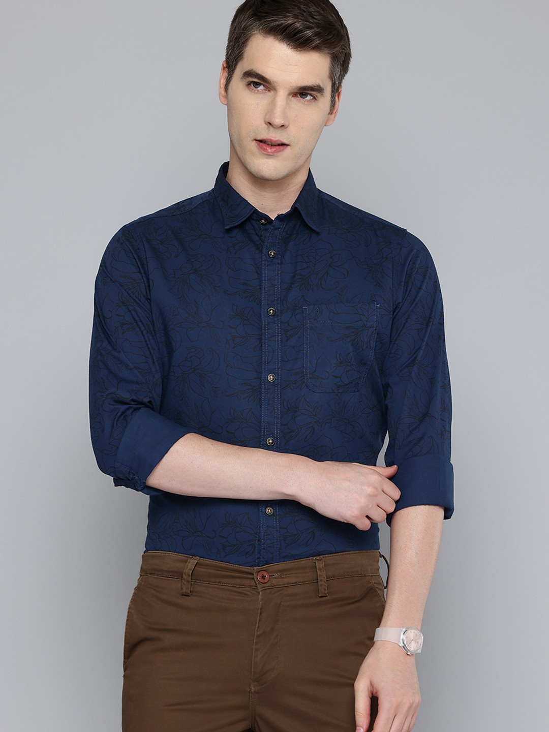 

Indian Terrain Chiseled Skinny Fit Cotton Printed Casual Shirt, Navy blue