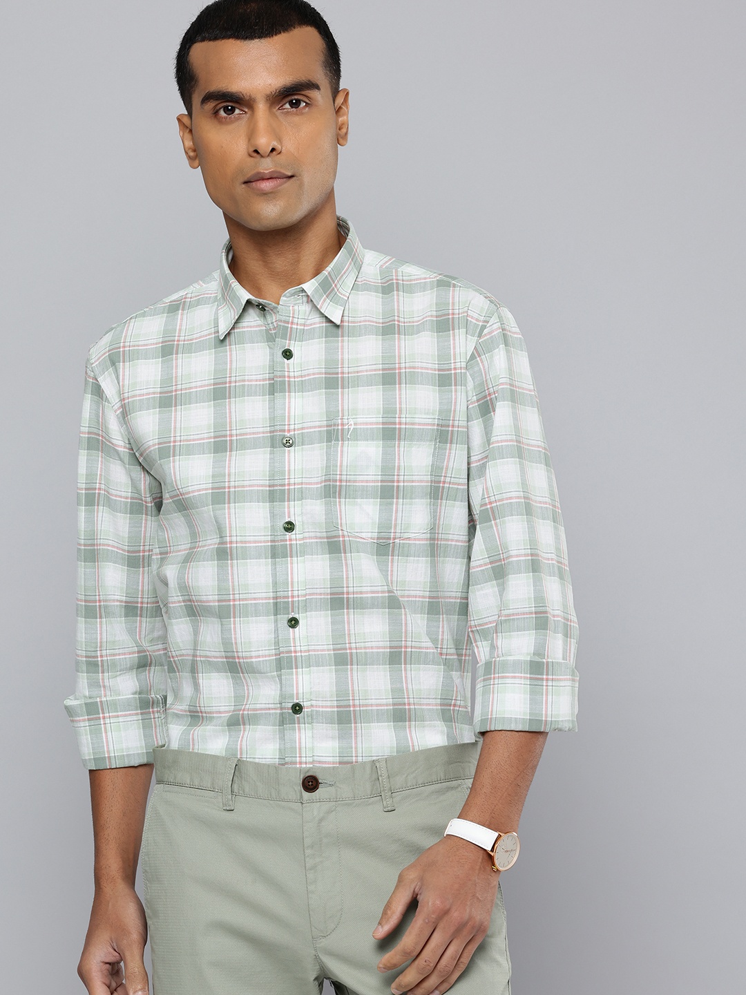 

Indian Terrain Classic Slim Fit Pure Cotton Checked Shirt, Green