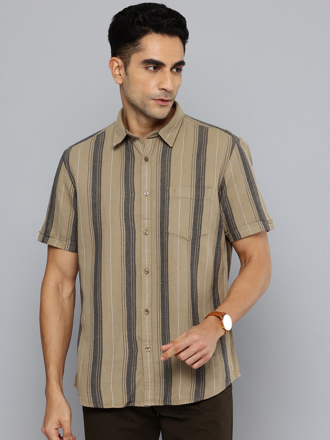 

Indian Terrain Classic Slim Fit Pure Cotton Striped Casual Shirt, Brown