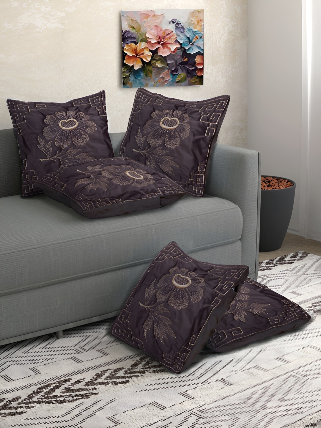 

FABINALIV Coffee Brown & Gold-Toned 5 Pieces Floral Square Cushion Covers
