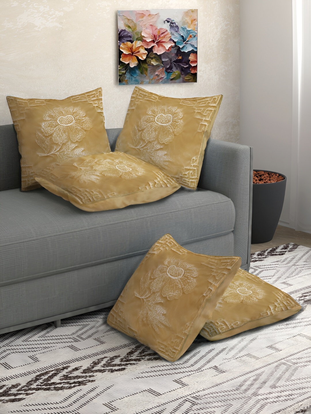 

FABINALIV Mustard 5 Pieces Floral Square Cushion Covers
