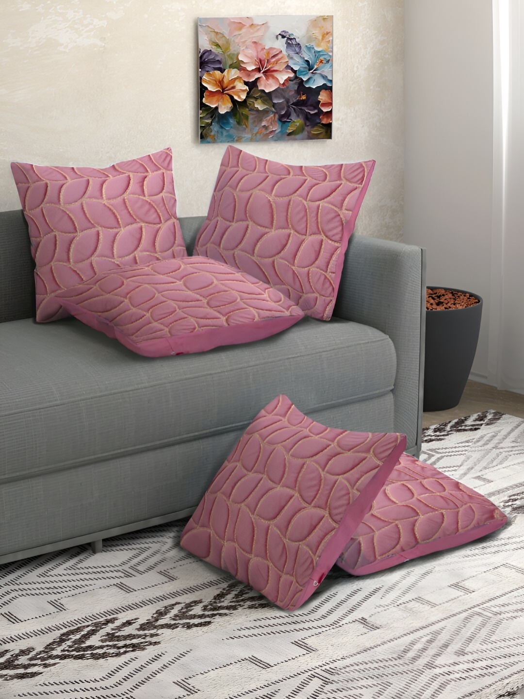 

FABINALIV Pink Set of 5 Floral Square Cushion Covers
