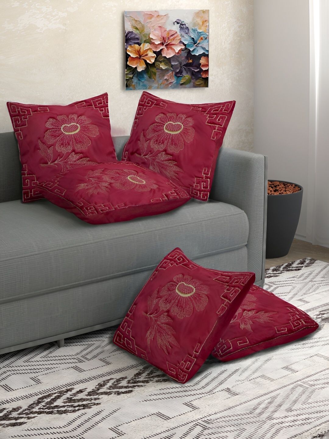 

FABINALIV Maroon & Gold-Toned 5 Pieces Floral Square Cushion Covers