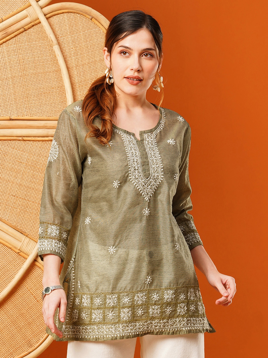 

ADA Ethnic Motifs Embroidered Thread Work Chanderi Straight Kurti, Olive