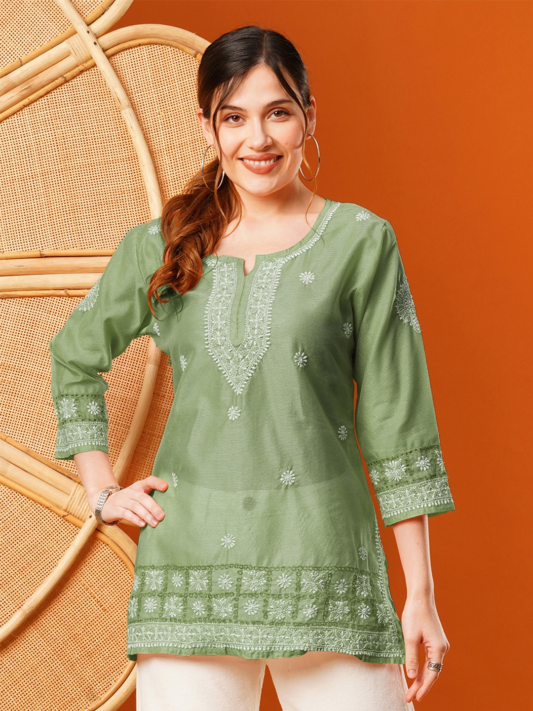 

ADA Ethnic Motifs Embroidered Thread Work Chanderi Straight Kurti, Green