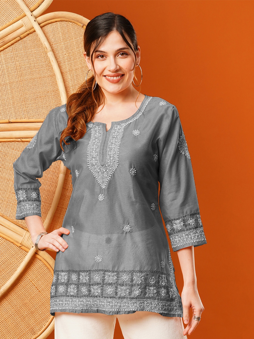 

ADA Ethnic Motifs Embroidered Thread Work Chanderi Straight Kurti, Grey