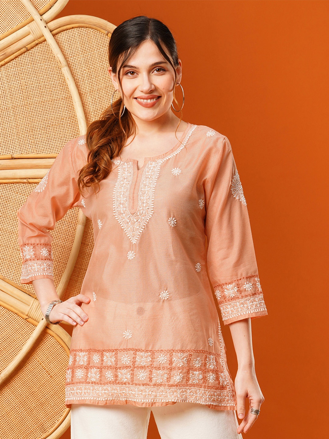 

ADA Ethnic Motifs Embroidered Thread Work Chanderi Straight Kurti, Peach