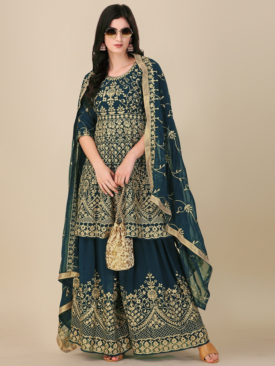 

Fashionuma Ethnic Motifs Woven Design Semi-Stitched Dress Material, Teal