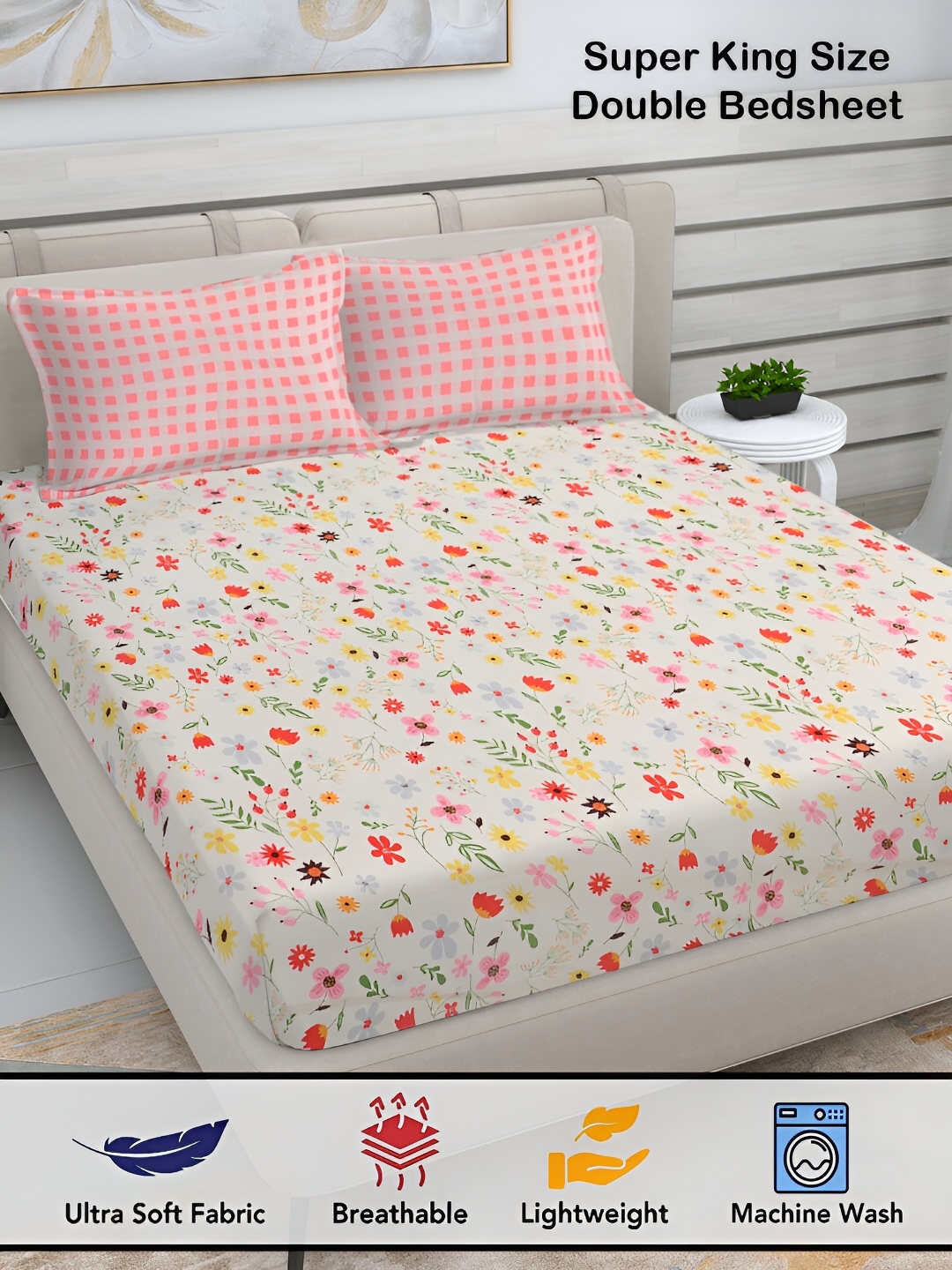 

FABINALIV White & Pink Floral Print 300 TC Super King Size Bedsheet with 2 Pillow Covers