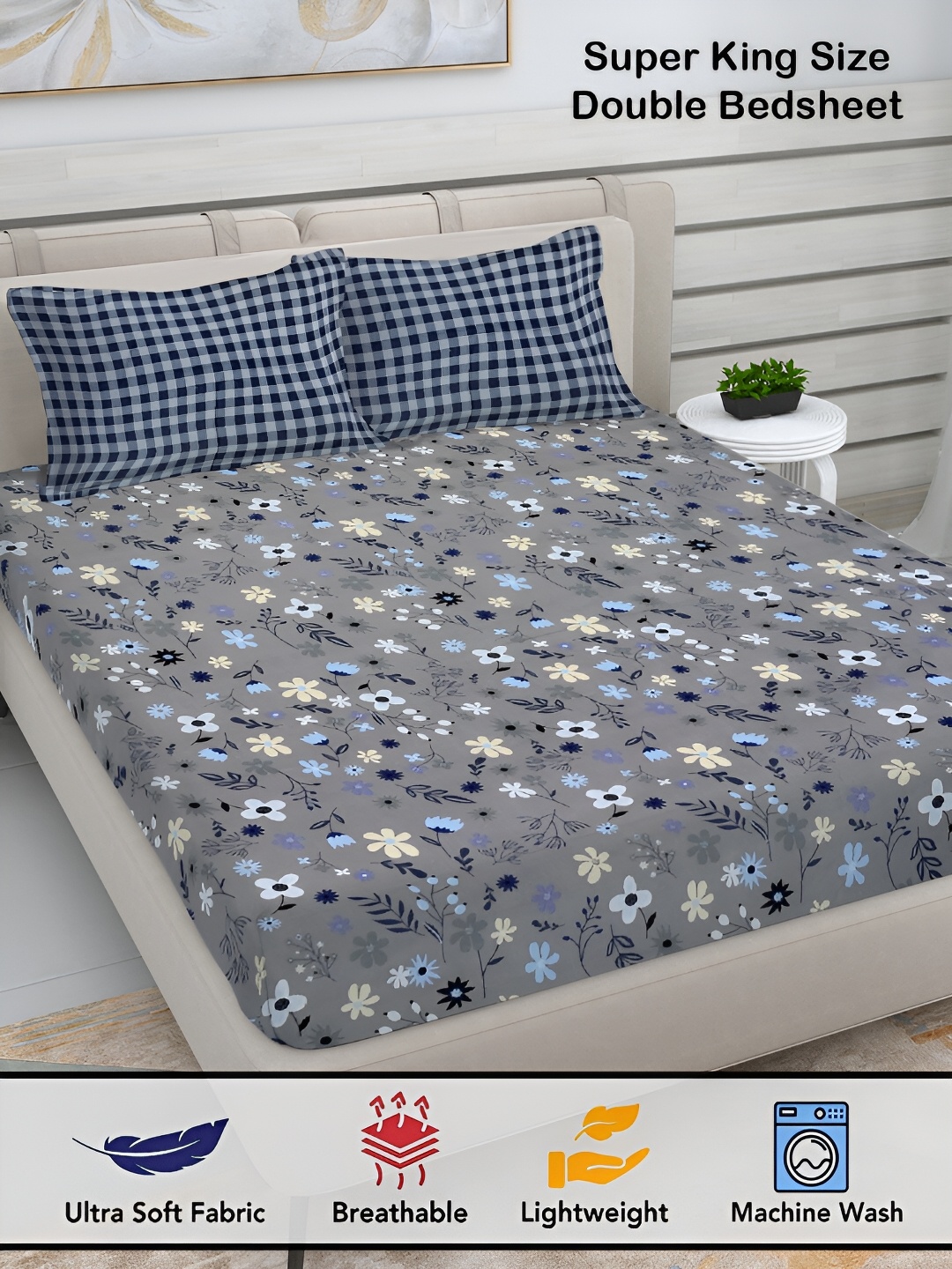 

FABINALIV Grey & Blue Floral Print 300 TC Super King Size Bedsheet with 2 Pillow Covers