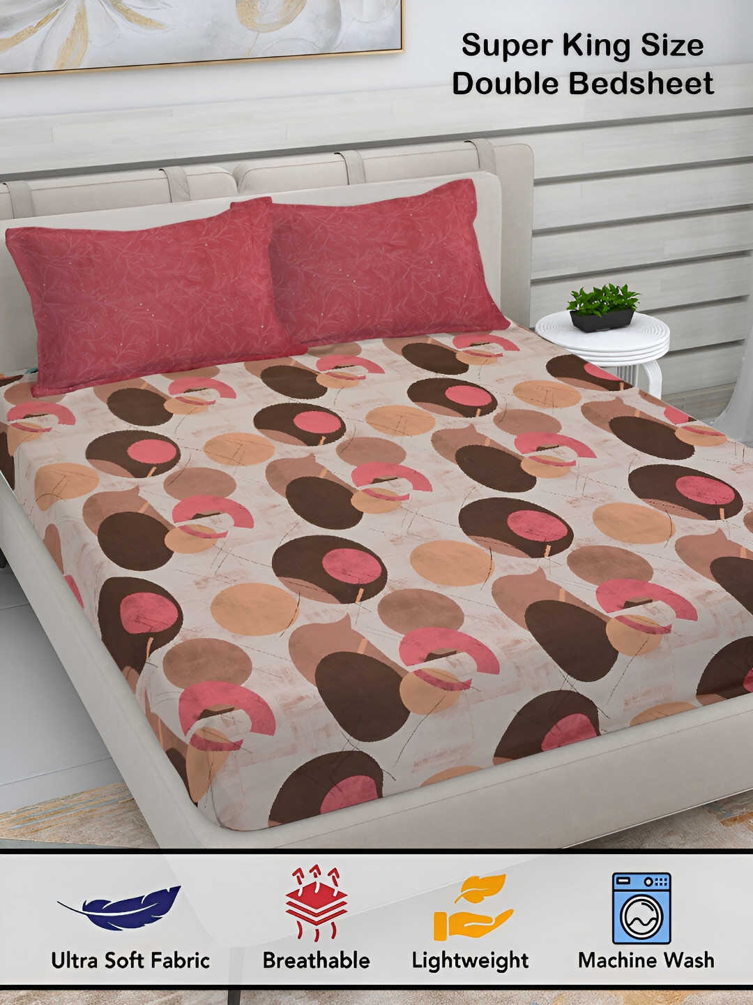 

FABINALIV Beige & Pink Geometric Print 300 TC Super King Size Bedsheet & 2 Pillow Covers