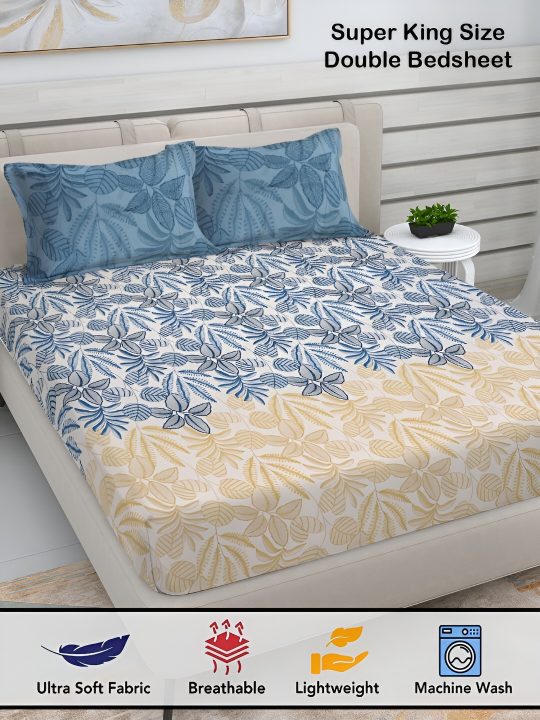 

FABINALIV Beige & Blue Floral Print 300 TC Super King Size Bedsheet & 2 Pillow Covers