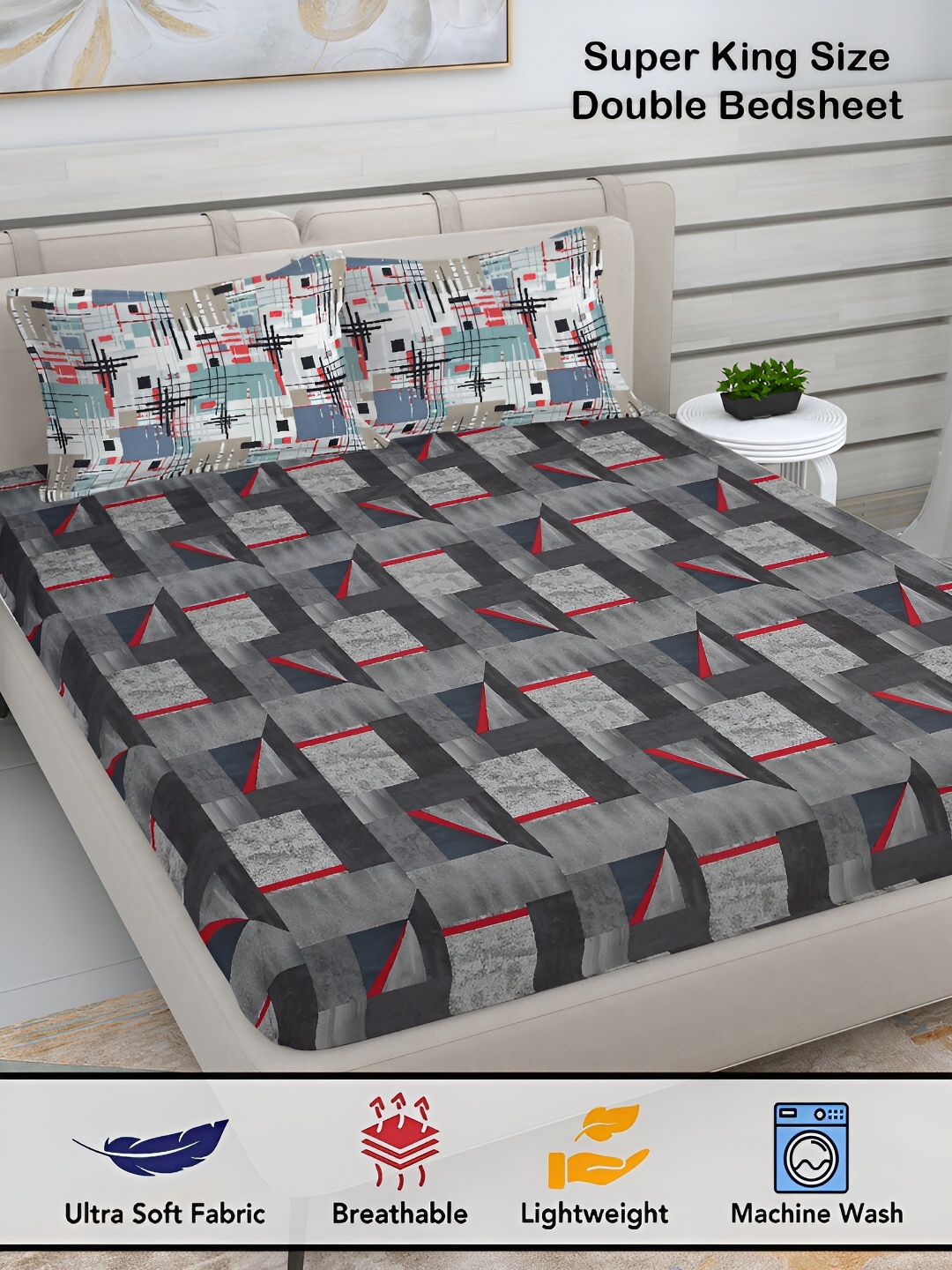 

FABINALIV Grey & Black Geometric Print 300 TC Super King Size Bedsheet & 2 Pillow Covers