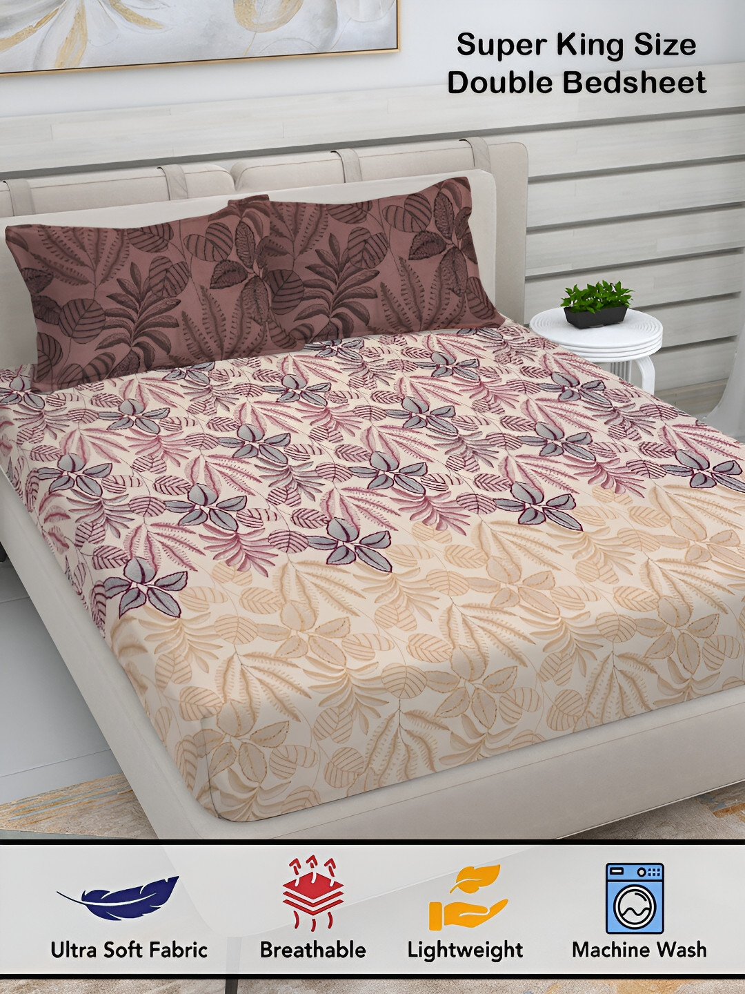 

FABINALIV Cream & Brown Floral Print 300 TC Super King Size Bedsheet & 2 Pillow Covers