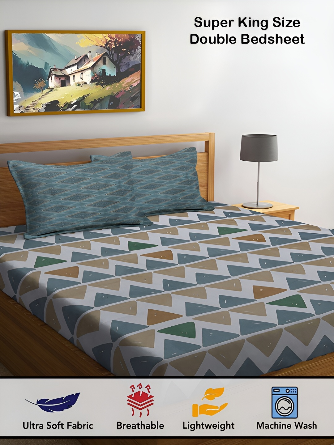 

FABINALIV Grey & Green Geometric Print 300 TC Super King Size Bedsheet & 2 Pillow Covers